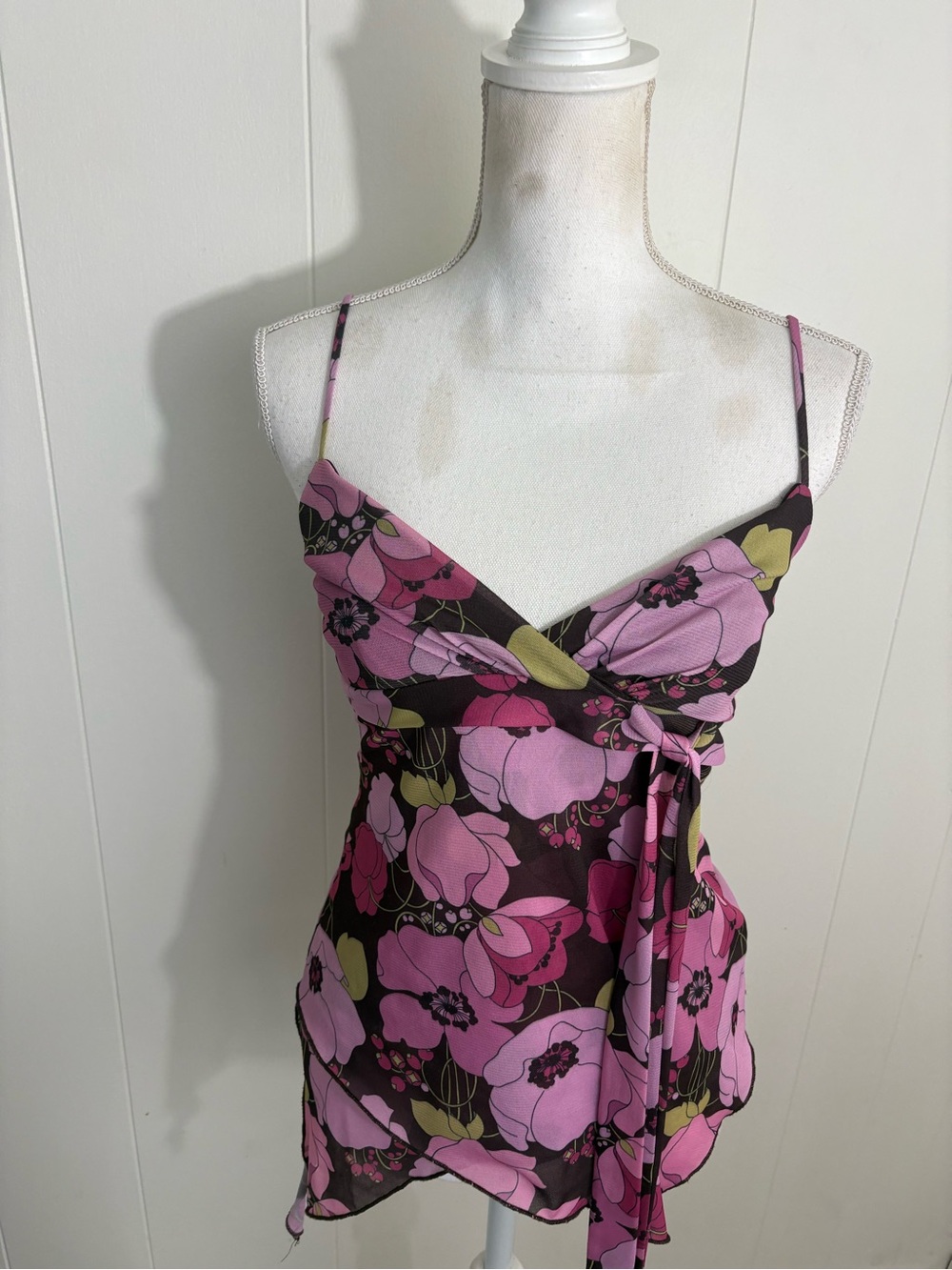 Vintage Candie's Pink & Olive Floral Wrap-Front Spaghetti Strap top